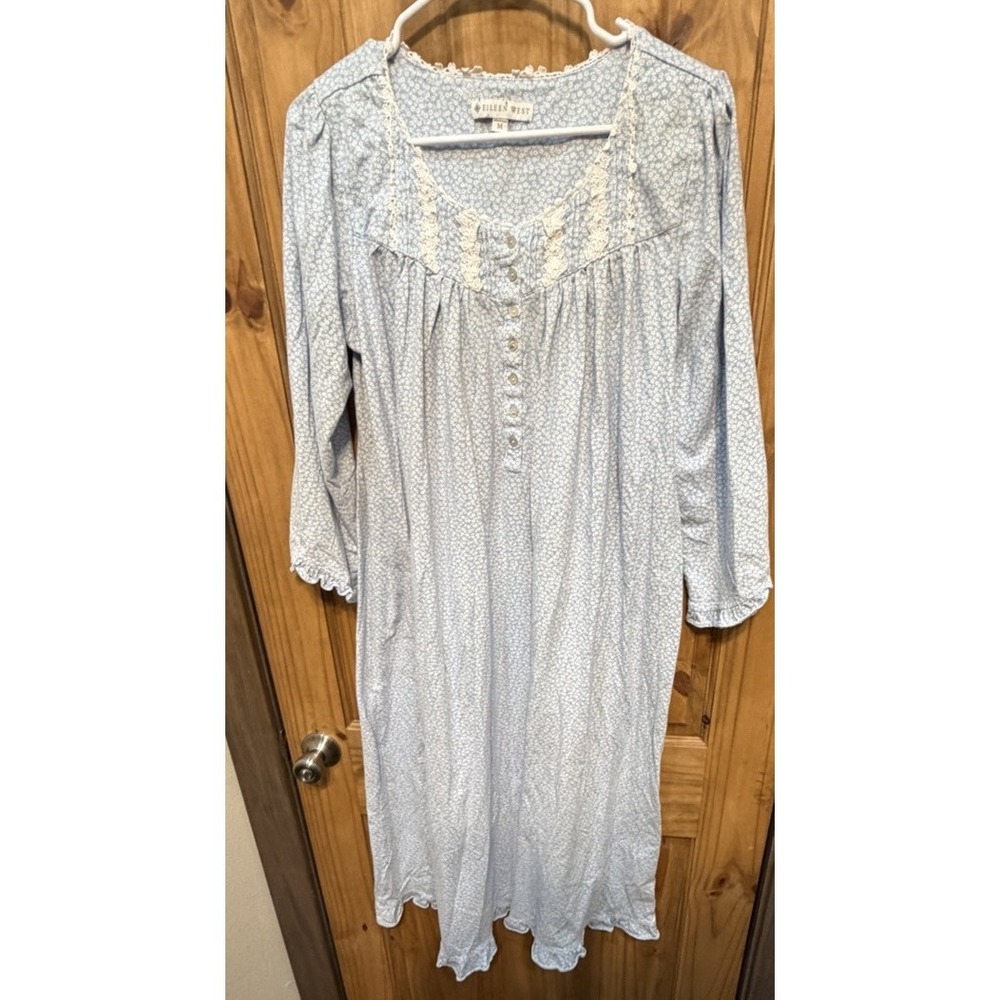 Eileen West Floral Nightgown Womens Medium Blue Cottagecore Prairie Lace Lounger